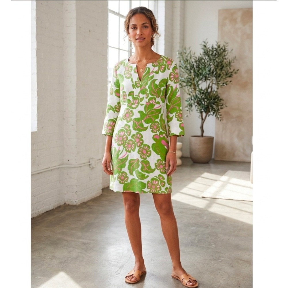 Boden Linen Shift Dress 6 Green Pink Floral Leaf Print Notch V-Neck 3/4 Sleeve